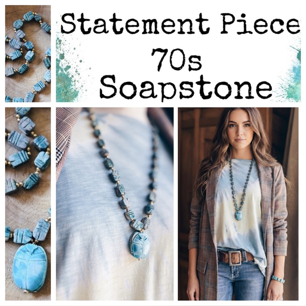Vintage Soapstone & Chunky Egyptian Ceramic Scarab Necklace